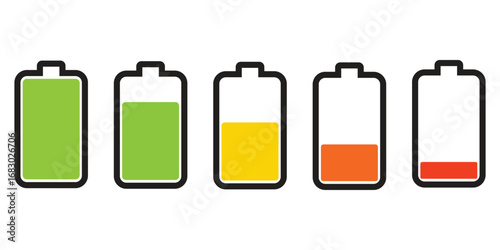 Five battery level indicators showing charge from full to empty isolated on transparent background