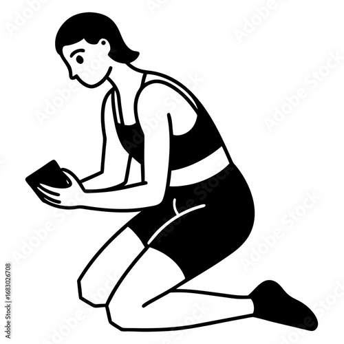 Minimalist Black and White Drawing of Kneeling Woman with Device, Clean Athletic Digital Line Art