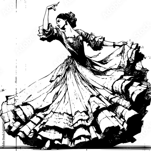 Elegant flamenco dancer in ornate gown captures passionate movement with dramatic flair and artistic grace