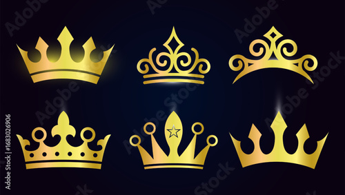 Golden vector crown design. Crown art in different style for king, queen, kingdom, trophy, majestic or many more