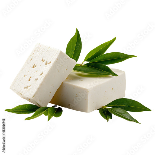 Wallpaper Mural Fresh, creamy cheese blocks are accompanied by green leaves on a white background in a culinary presentation Torontodigital.ca