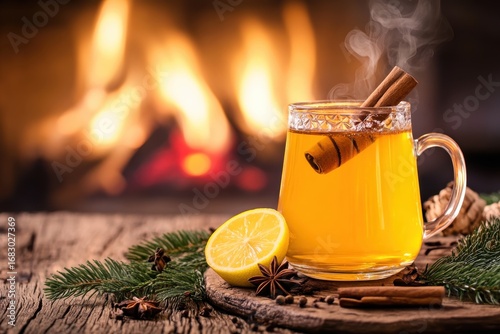 A warm, comforting glass of spiced tea, steaming gently near a crackling fireplace, with cinnamon sticks, lemon, and star anise, creates a cozy winter scene.