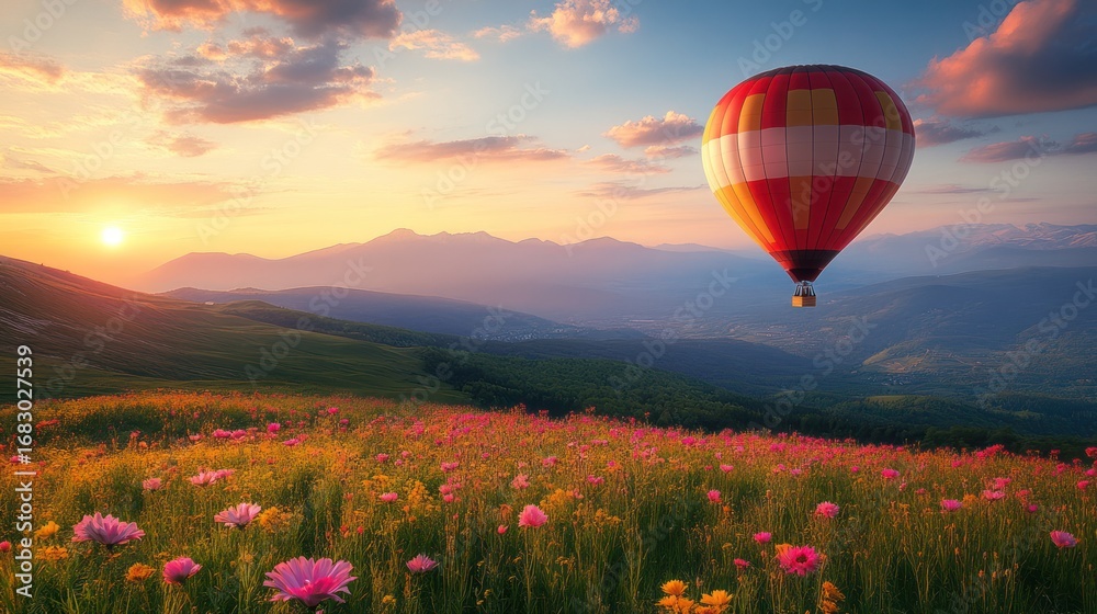 Fototapeta premium Hot air balloon over mountain wildflowers at sunrise
