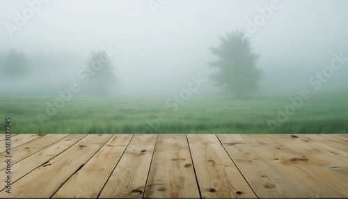 Tranquil Foggy Landscape With Wooden Planks And Lush Grass