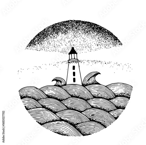 Dramatic lighthouse stands firm against stormy seas under a textured sky, symbolizing hope and guidance
