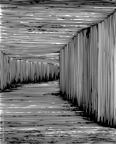 Abstract linear perspective hallway creates a striking, modern architectural visual with bold contrasts and a sense of depth.