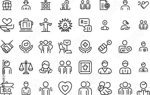 Poverty and social welfare icon set with donation, aid, charity, and community support in line vector.