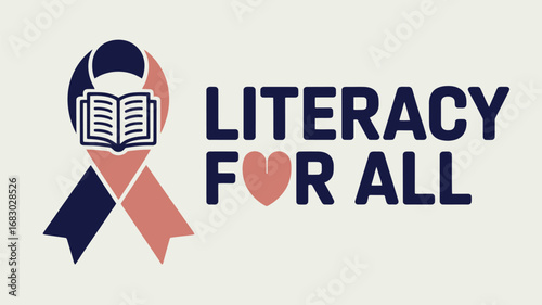 Literacy for all message with a ribbon and book icon promoting education and reading accessibly