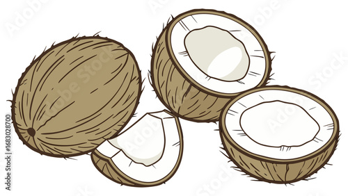 Coconut cracked open with a whole coconut. coconut, isolated on white background. Broken coconut closeup in the air isolated.