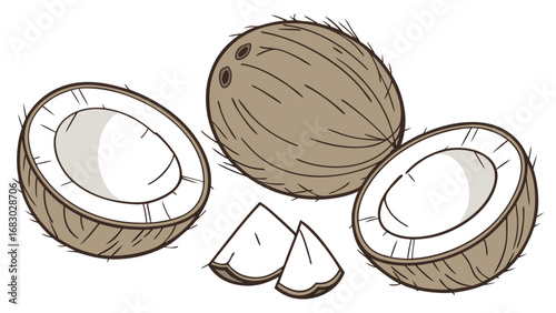 Coconut cracked open with a whole coconut. coconut, isolated on white background. Broken coconut closeup in the air isolated.