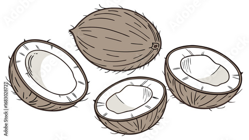 Coconut cracked open with a whole coconut. coconut, isolated on white background. Broken coconut closeup in the air isolated.