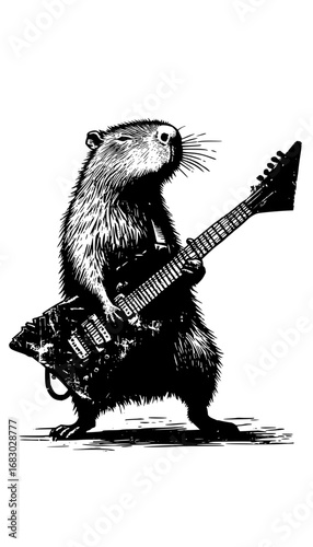 Furry rodent shredding electric guitar with rockstar energy on stage.