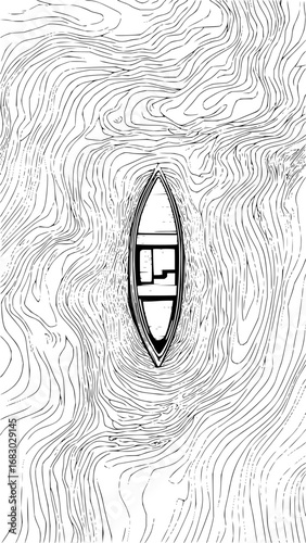 Minimalist single rowboat glides through wavy water, serene journey, serene escape, peaceful voyage
