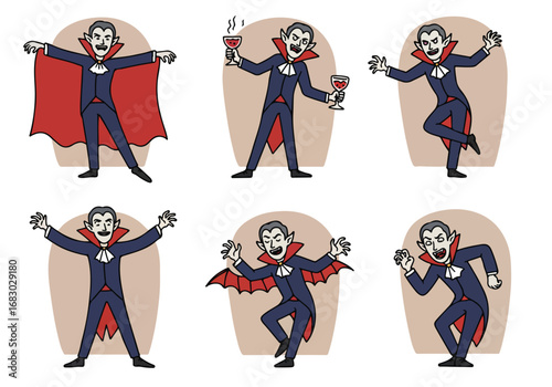 Spooky Halloween Character A Set of Cartoon Dracula Poses Perfect for Festive Designs, Invitations, and Fun Halloween-Themed Projects