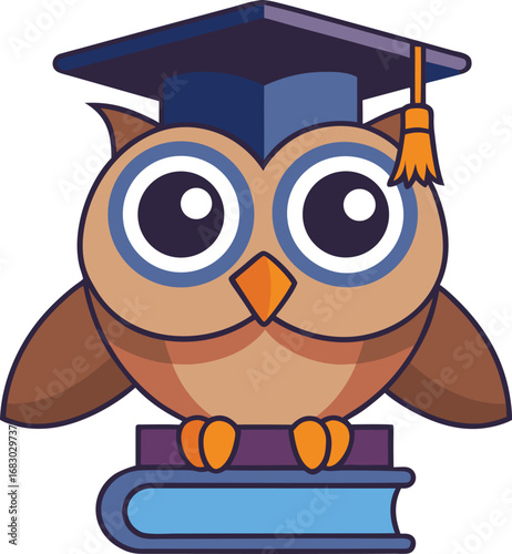 This is a cute kawaii owl vector. It features an owl wearing a graduation cap and sitting on a book. Perfect for educational or kawaii-themed projects.
