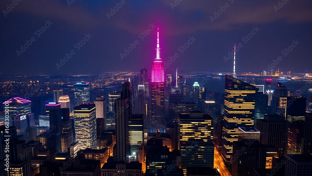 Fototapeta premium City skyline at night with glowing skyscrapers and urban lights