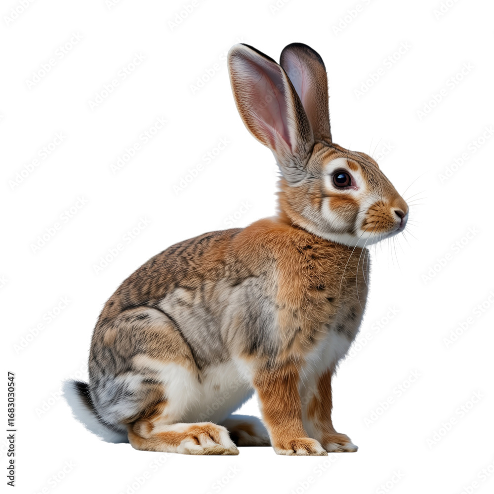 Fototapeta premium A close up of a jackrabbit with long ears and brown fur sitting against a black background looking right