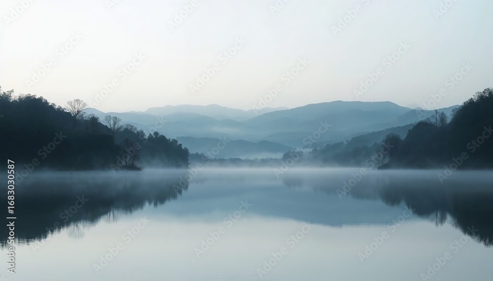 Fototapeta premium Tranquil Lake Reflections Surrounded By Dense Forests And Mountains