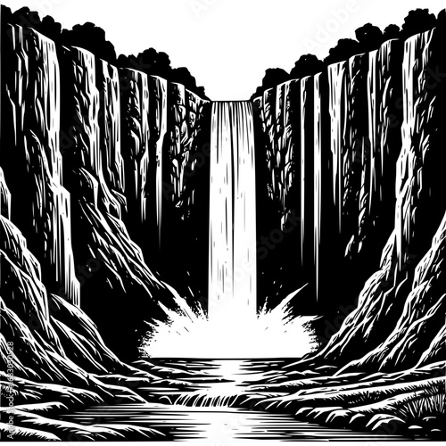 Majestic waterfall cascades powerfully into serene river surrounded by dramatic cliffs and lush trees
