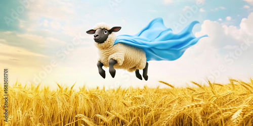 Whimsical superhero sheep soaring above golden wheat field Generative AI