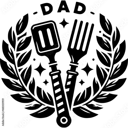 Father's Day Culinary Crest: A symbolic, artistic representation of culinary tools with the word DAD set within a circular, decorative design.
