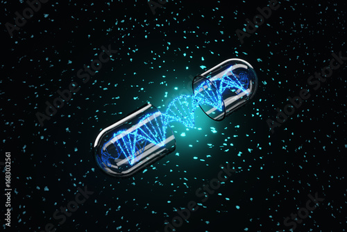 Blue glowing DNA strand inside an open transparent capsule on a dark background scattered with particles. Illustration of the concept of pharmaceutical development and AI assisted drug discovery
