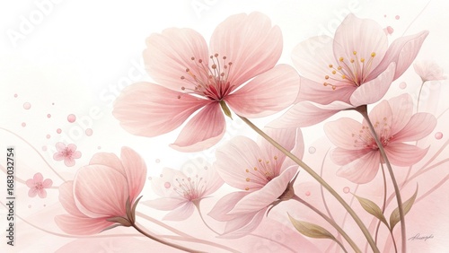 Watercolor Pink Cherry Blossom Branch on White