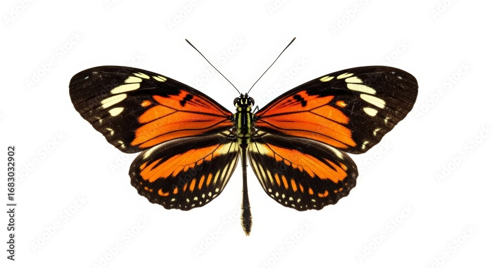Fototapeta premium Butterfly – Elegant orange butterfly with striking black and white markings isolated against a bright clean backdrop