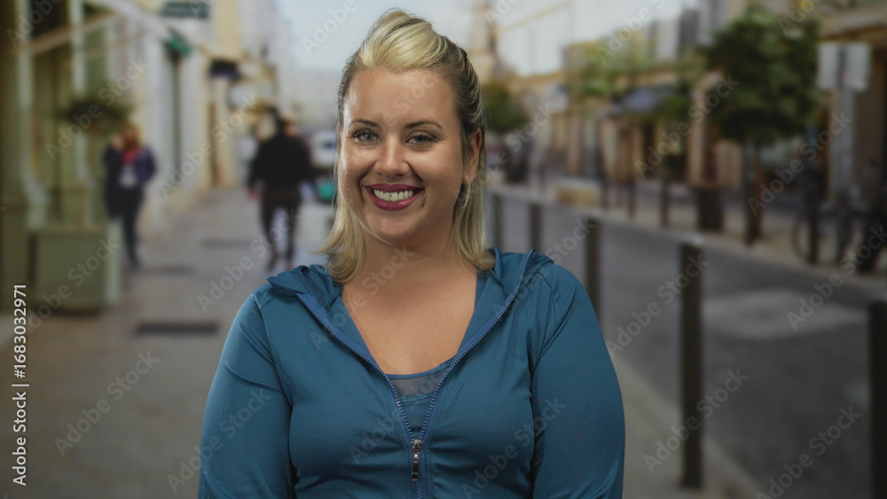 Fototapeta premium Woman with blonde hair wearing a blue hoodie smiling on a busy street with blurred pedestrians; confidence.