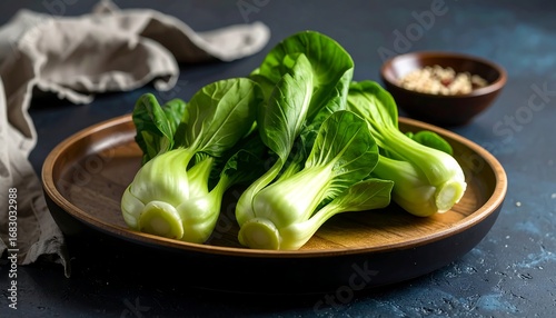 Fresh bok choy on a wooden plate, dark background