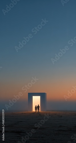 Silhouetted figures approach a glowing portal in a vast, ethereal landscape at twilight