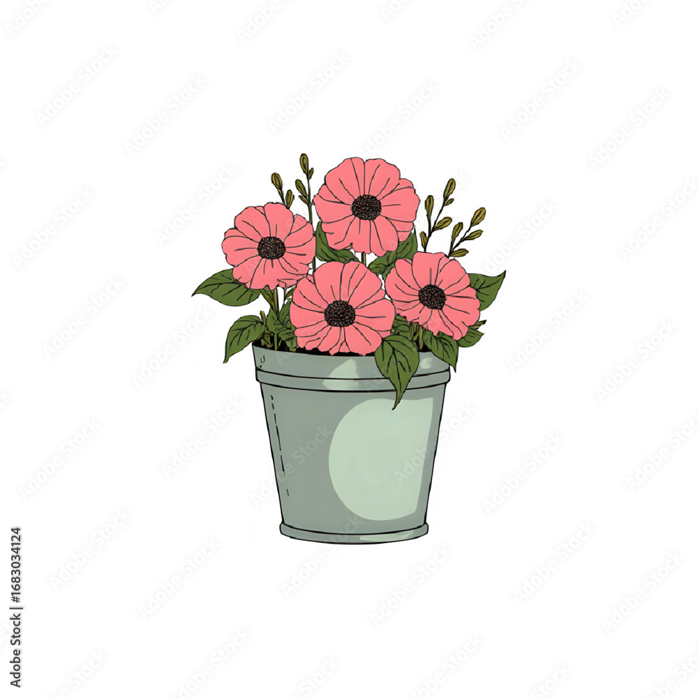 Obraz premium Pink Flowers in a Metal Pot: Botanical Illustration, Floral Arrangement, Spring Bloom, Garden Decor, Nature Art