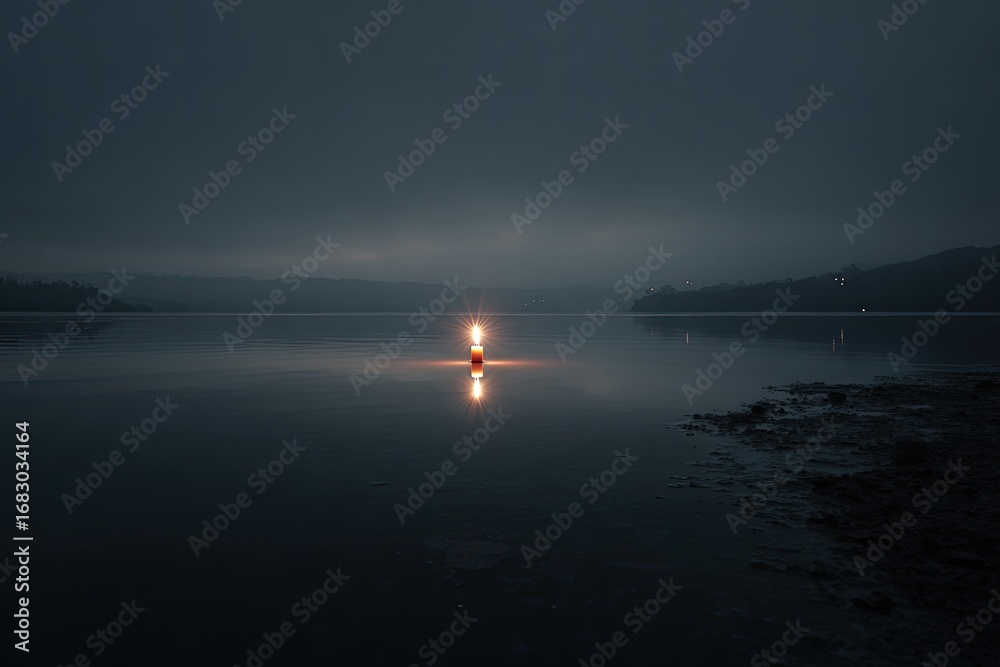 Fototapeta premium A solitary flame on a still lake at dusk