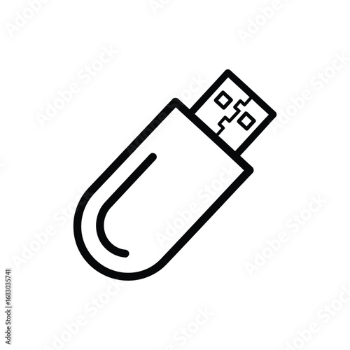 A minimalist line art icon of a USB flash drive, depicted in a simple black outline. Vector graphic symbol representing digital data storage and portable memory technology
