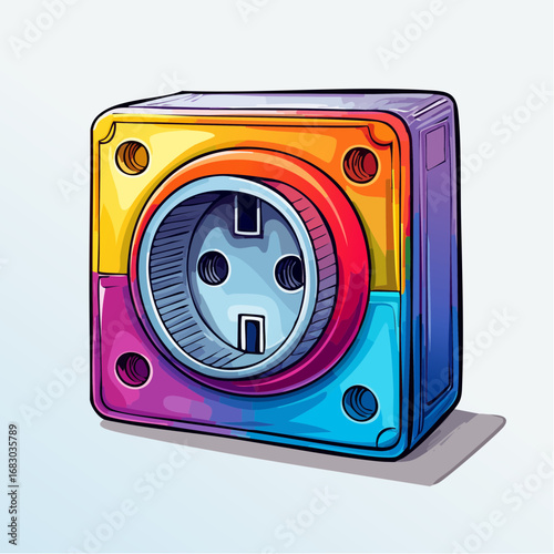 A vibrant, multi-colored cube power outlet illustration, symbolizing the fusion of creative energy, modern technology, and electrical connection
