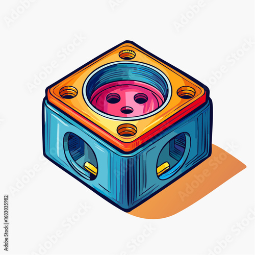 Colorful isometric vector illustration of a modular industrial connector block, symbolizing connectivity and technological innovation