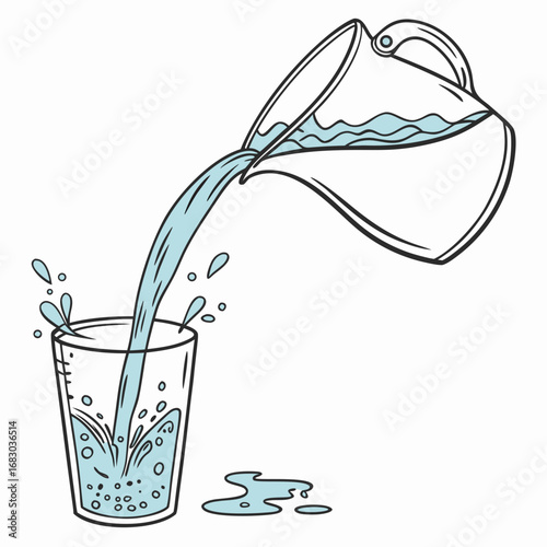 Cartoon illustration of cool blue water being poured from a pitcher into a clear glass creating splashes and spills