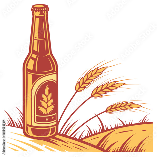 Craft beer bottle with golden wheat stalks and grassy field in a stylized illustration