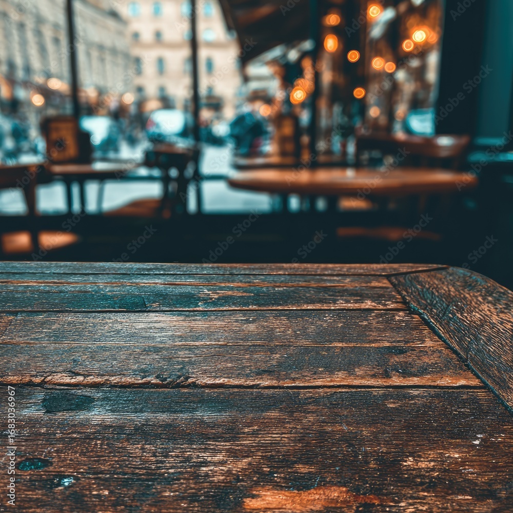 Fototapeta premium Rustic Wooden Table Top In Cafe Interior With Blurred Background