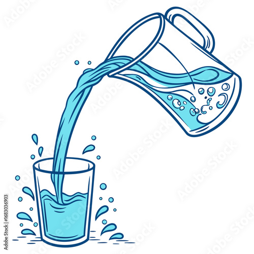 Illustration of clear blue water being poured from a pitcher into a glass with splashes