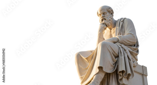 Majestic ancient greek socrates marble statue, elderly man with beard in toga, contemplative, transparent studio background with copy space, soft golden hour cinematic light, concept of philosophy