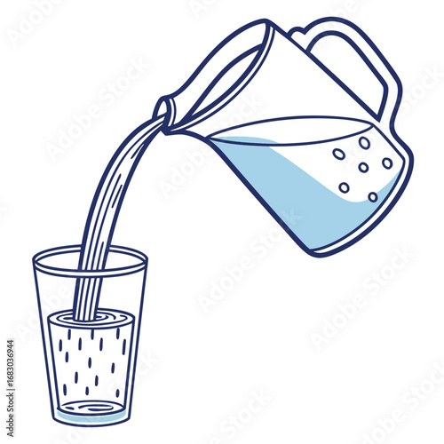 Illustration of water being poured from a pitcher into a clear glass with a blue tint