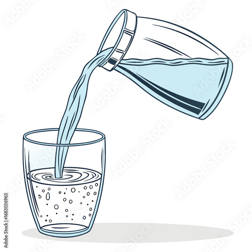 Illustration of clear water being poured from a glass pitcher into a clear glass with bubbles