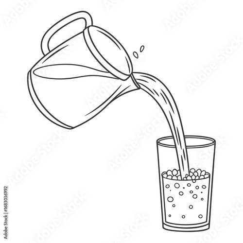 Line art illustration of a pitcher pouring water into a glass with ice cubes and bubbles