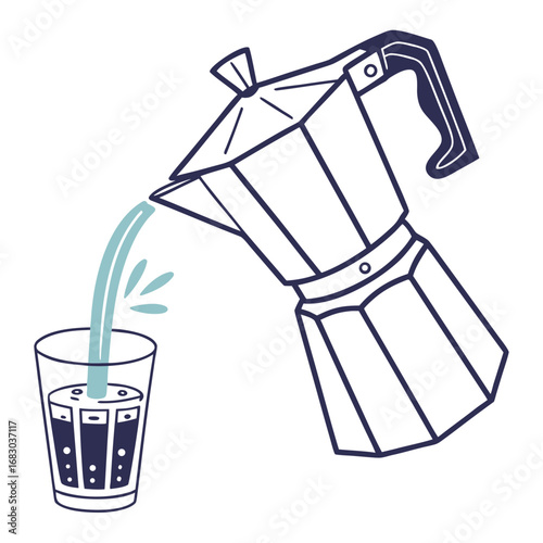 Simple line drawing of a moka pot pouring freshly brewed coffee into a clear glass cup
