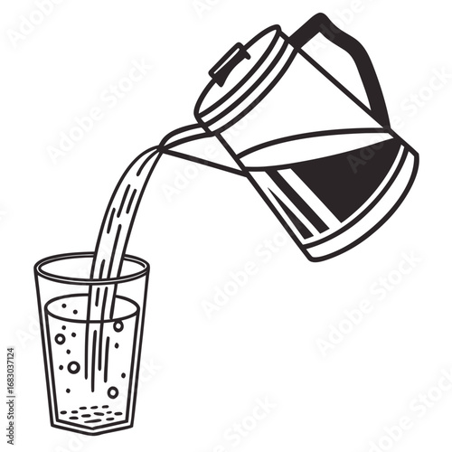 Stylized black and white illustration of a kettle pouring liquid into a glass with bubbles
