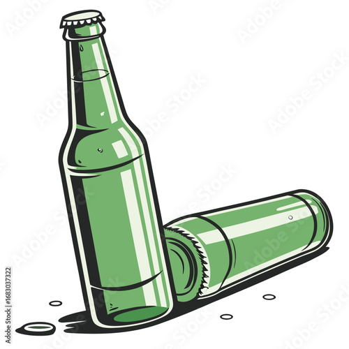 Two green glass beer bottles lying down with caps scattered on a white background