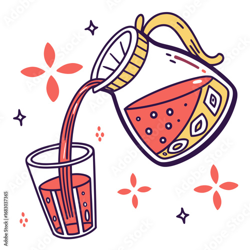 Whimsical illustration of a pitcher pouring red liquid into a glass with decorative elements