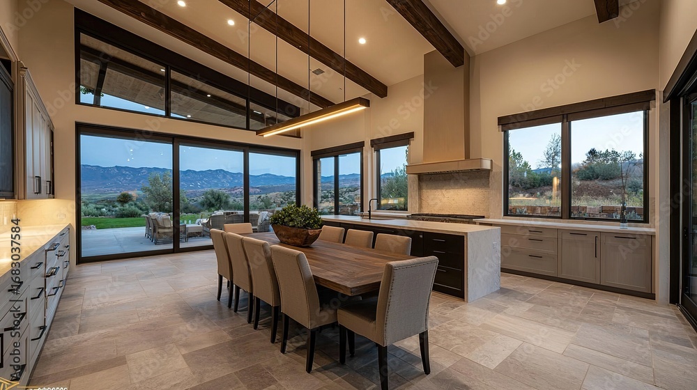 Naklejka premium A modern kitchen and dining area featuring large windows, natural light, and rustic wooden beams, offering a scenic view of the outdoors.