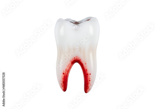 A stylized tooth, painted with vibrant red, depicting a bleeding or damaged tooth against a stark black background.